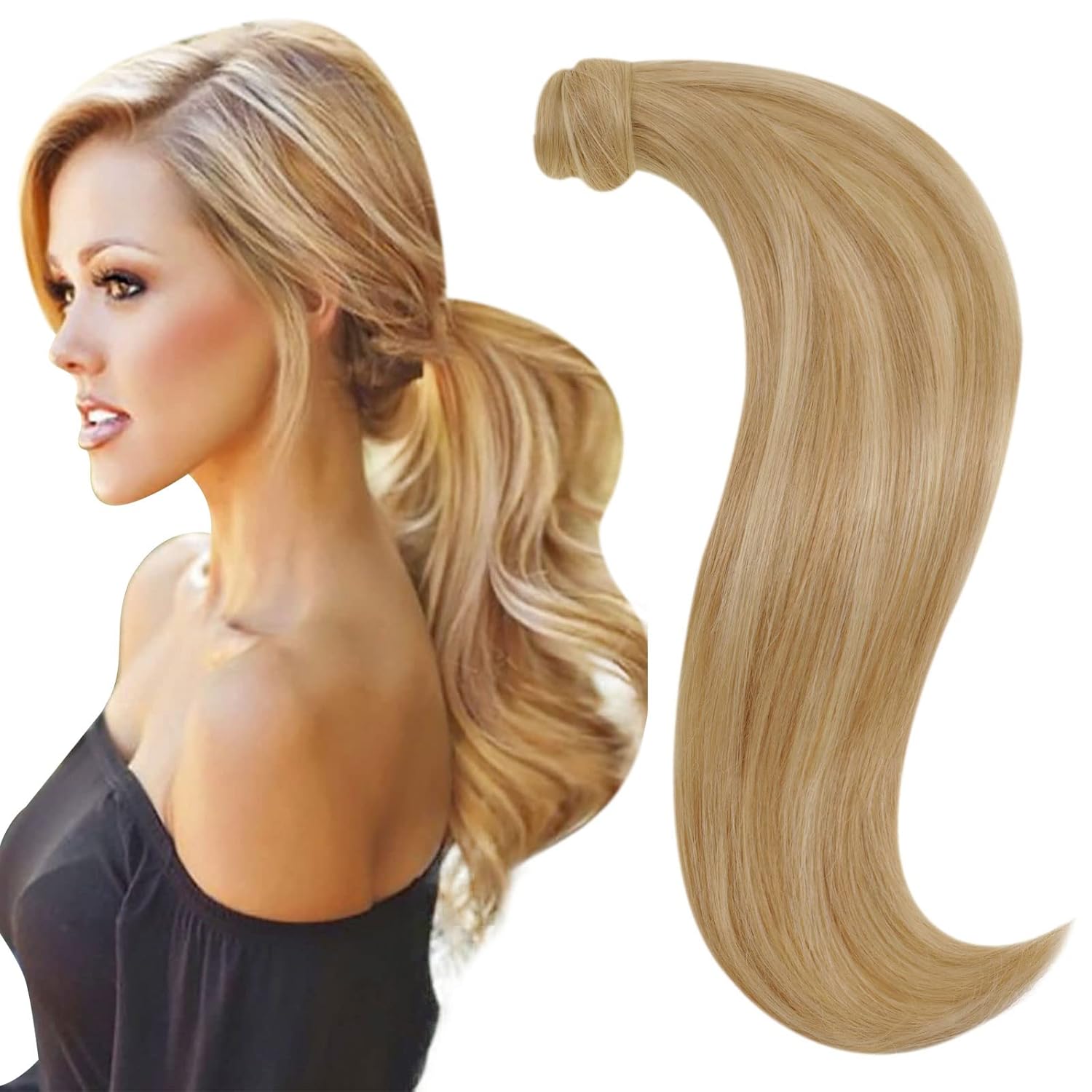 RUNATURE Blonde Ponytail Human Hair Extensions Straight Ponytail Extension Human...