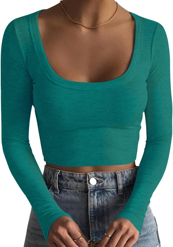 Artfish Women's Square Neck Long Sleeve Ribbed Slim Fitted Casual Basic Crop Top...