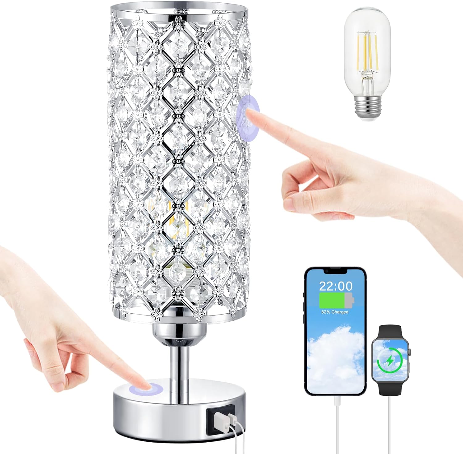 Crystal Touch Lamp with Touch Control, Sliver Table Lamp with USB-C+A Ports, 3 W...