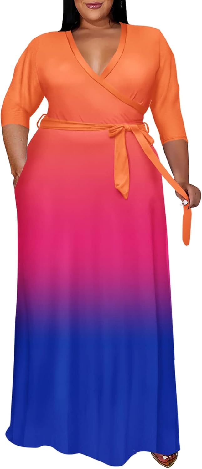 Runwind Plus Size Dress for Women - 3/4 Sleeve V Neck Printing Maxi Dresses for...