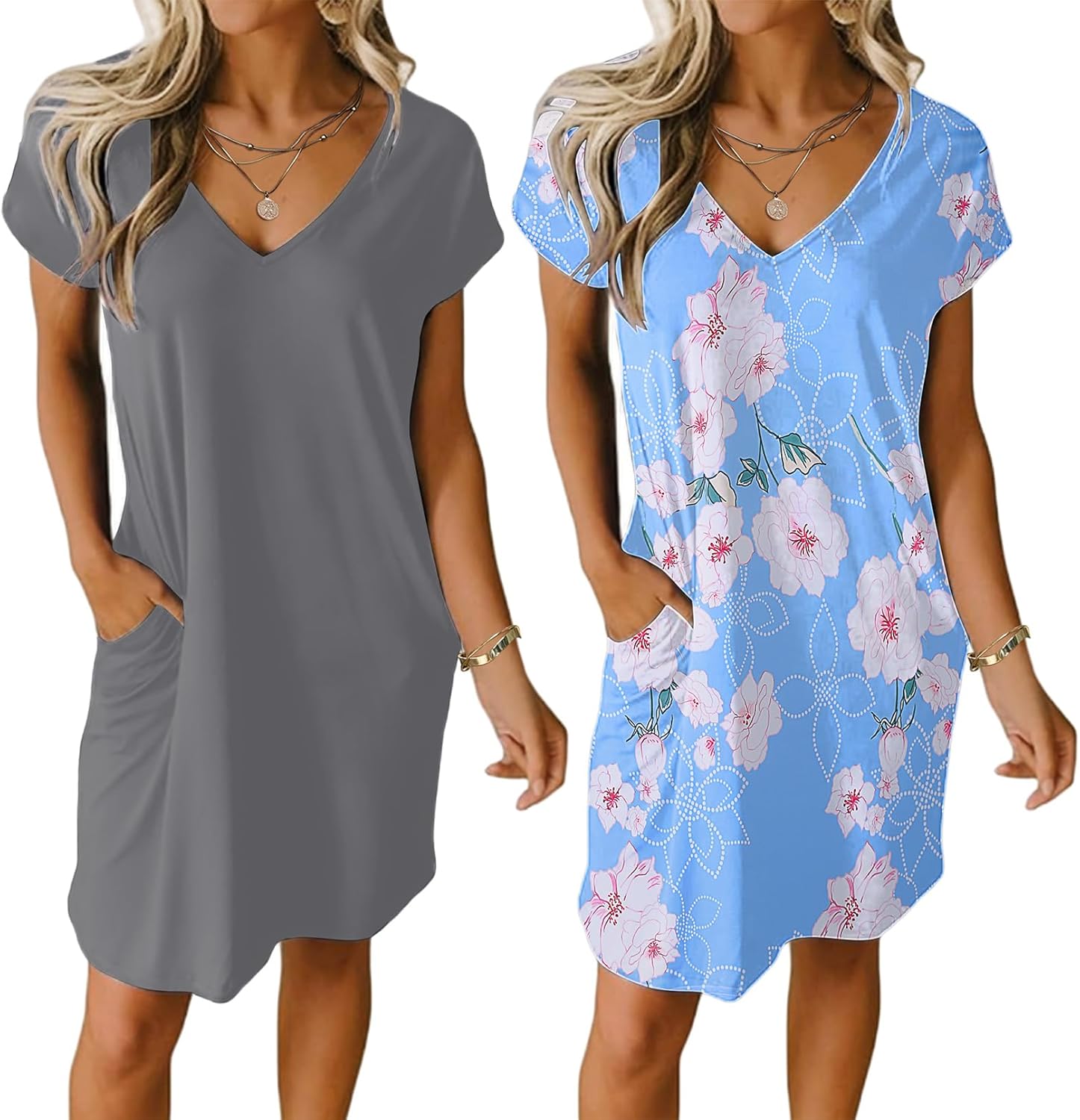 Ekouaer Womens Nightgown, Special 2 Pack Nightwear with V Neck Sleepshirt, Uniqu...
