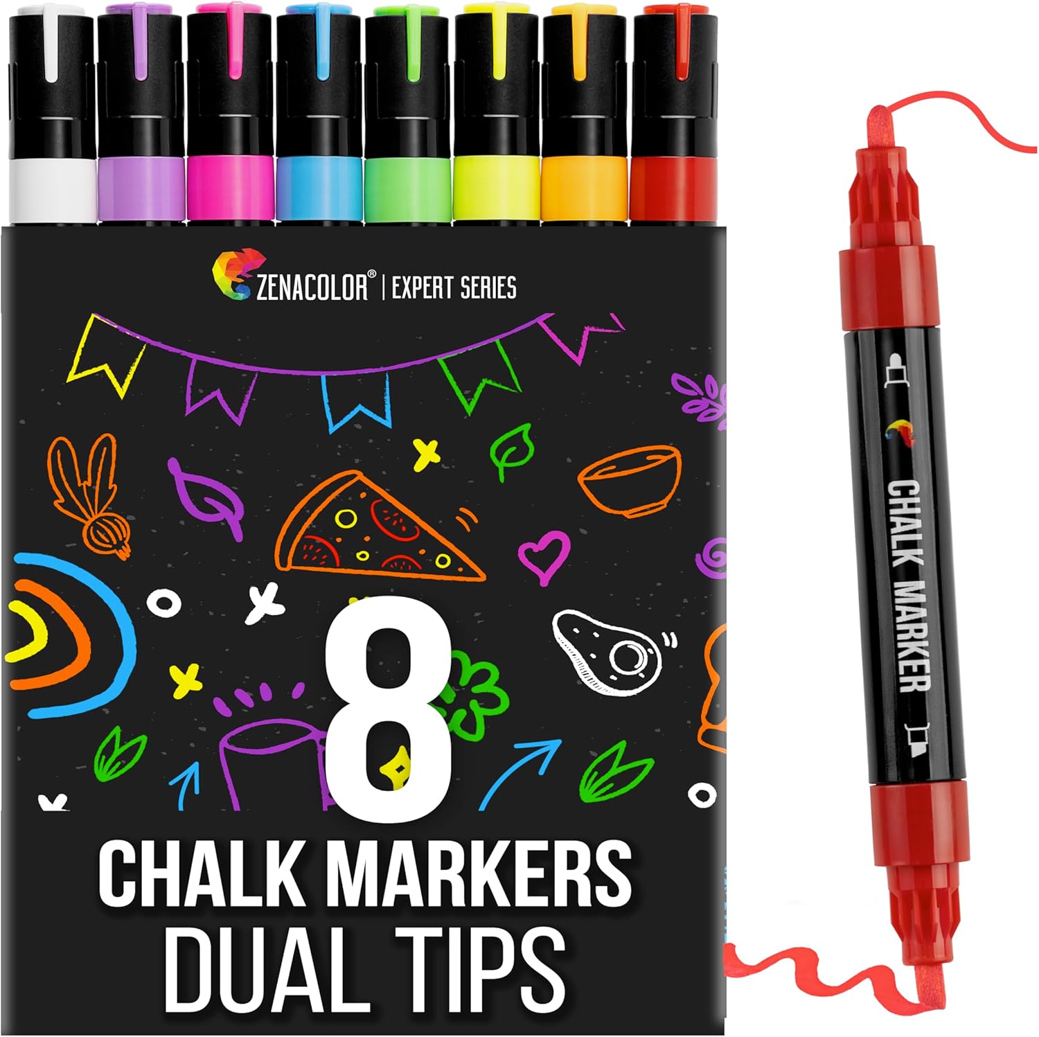 Zenacolor Liquid Chalk Markers Dual Tips - 8 Vibrant Colors, Non-Toxic Chalkboar...
