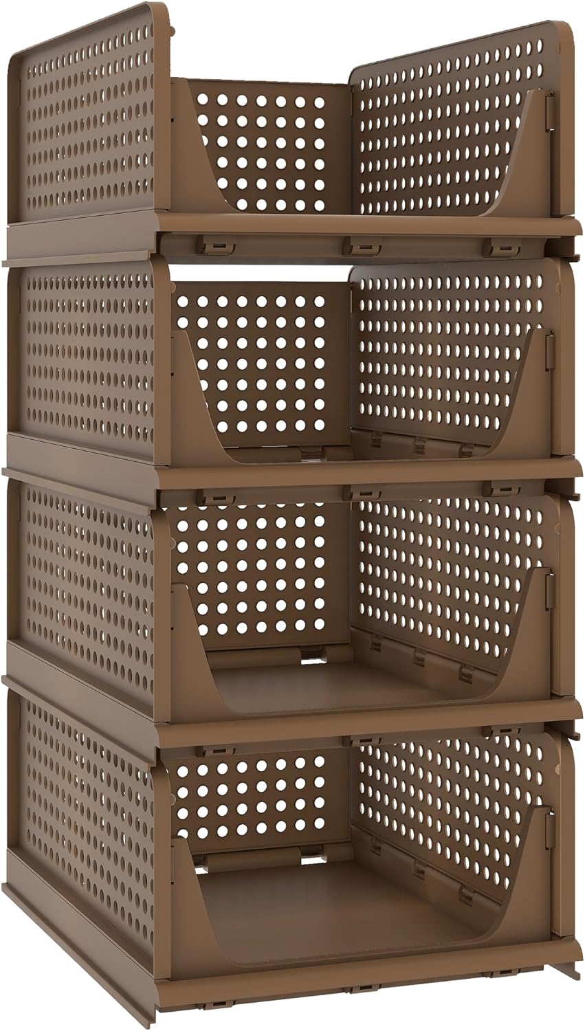 Pinkpum 4 Pack Folding Closet Organizers Storage Box, Stackable Plastic Drawer B...