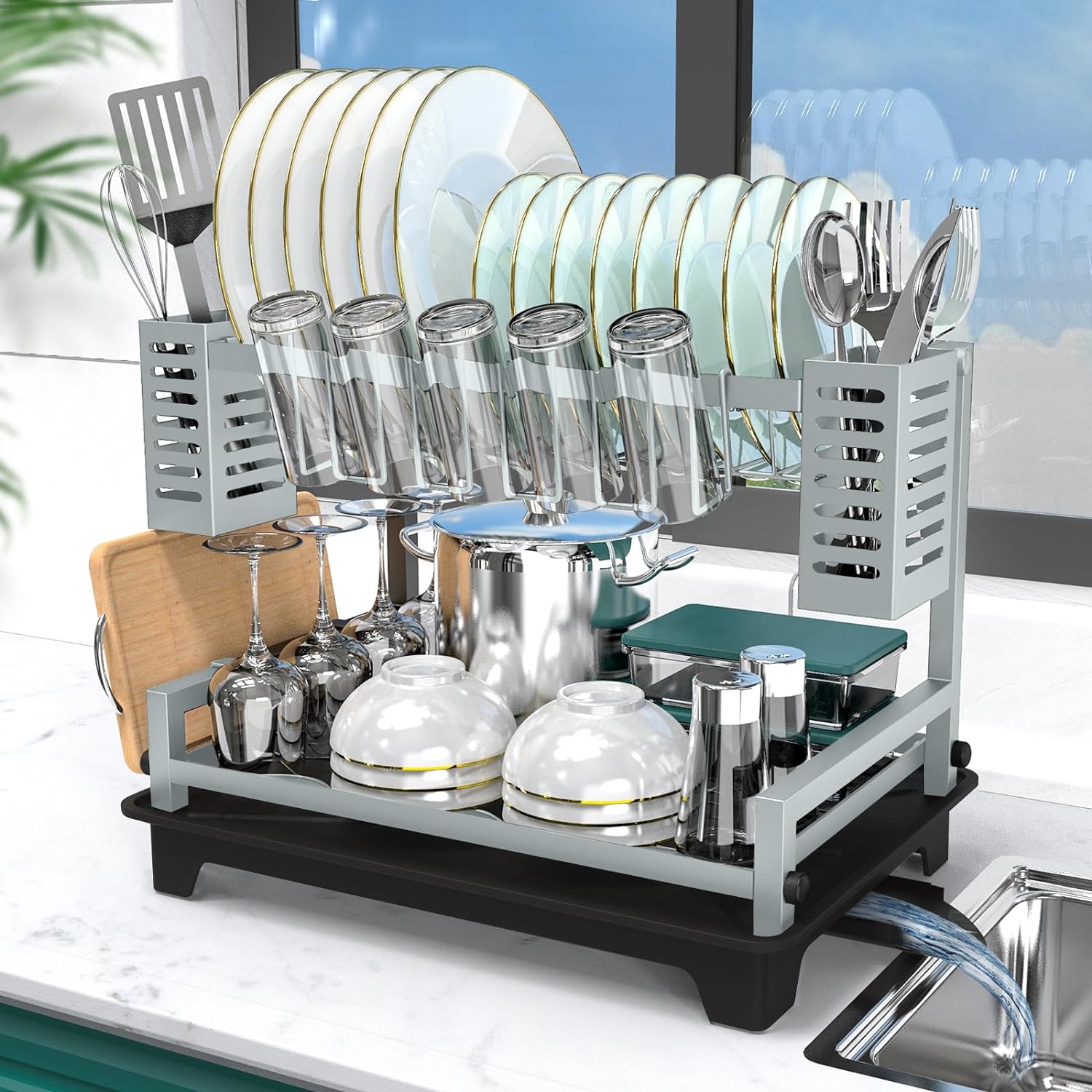 B-Land Dish Drying Rack, 2 Tier Dish Racks for Kitchen Counter, Large Dish Dryin...