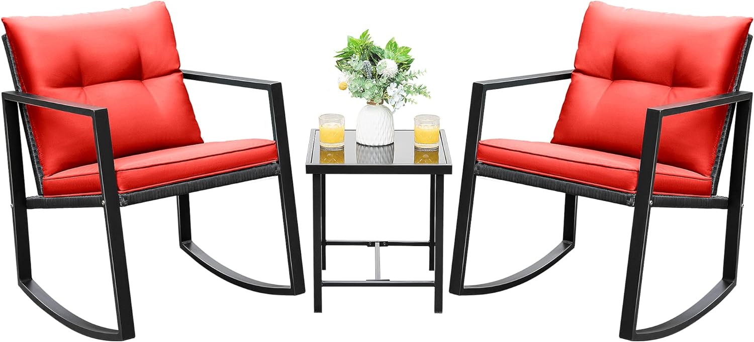 Devoko 3 Piece Rocking Bistro Set Wicker Patio Outdoor Furniture Porch Chairs Co...