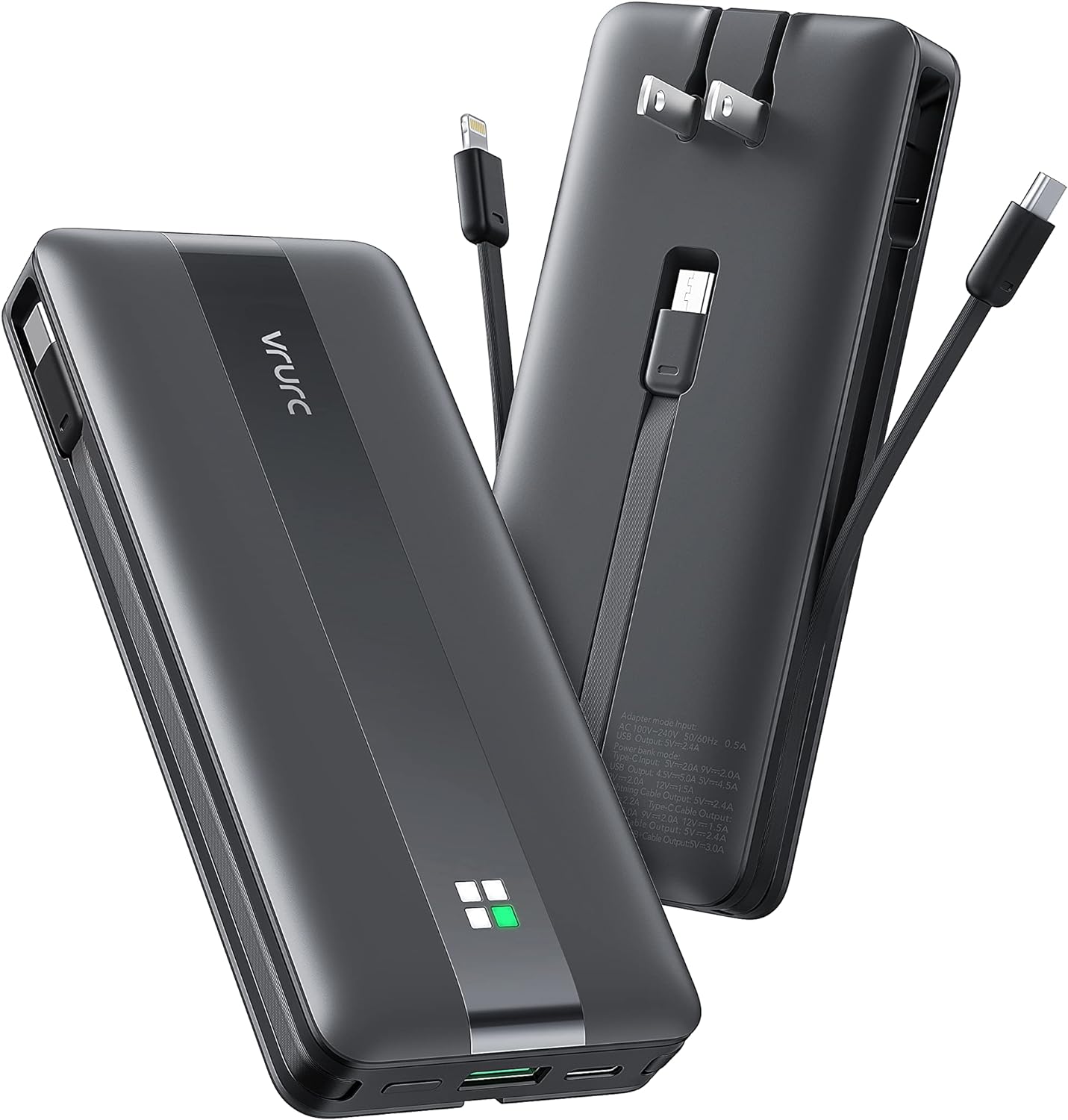 Portable Charger with Built-in Cables & AC Wall Plug, VRURC 22.5W Fast Charging...