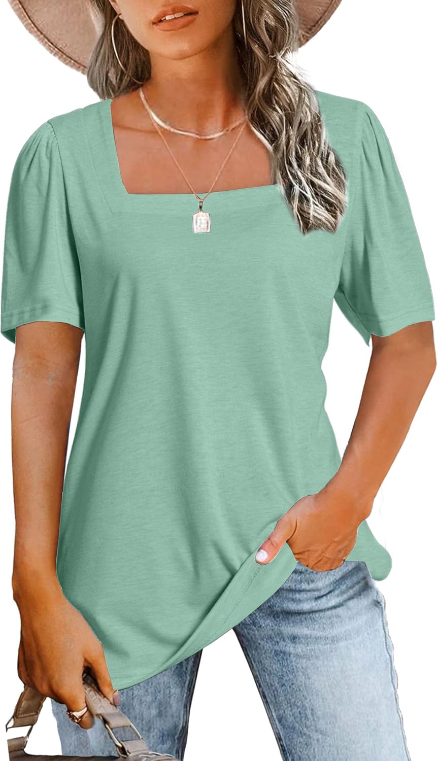 Womens Tops Casual Short Sleeve Square Neck Shirts Puff Sleeve Tshirts Loose Cas...