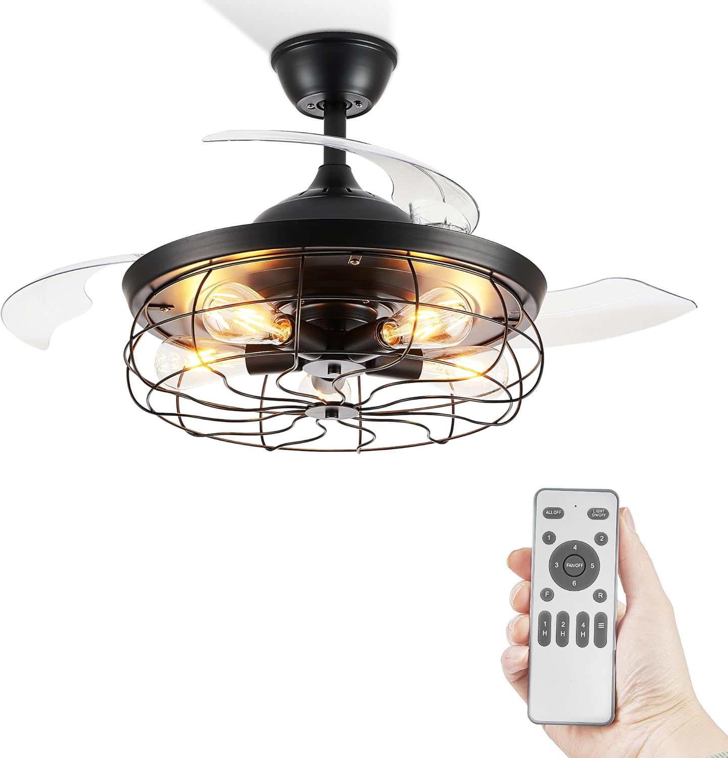 LEDIARY 42" Retractable Ceiling Fans with Lights, Farmhouse Industrial, Caged Fa...