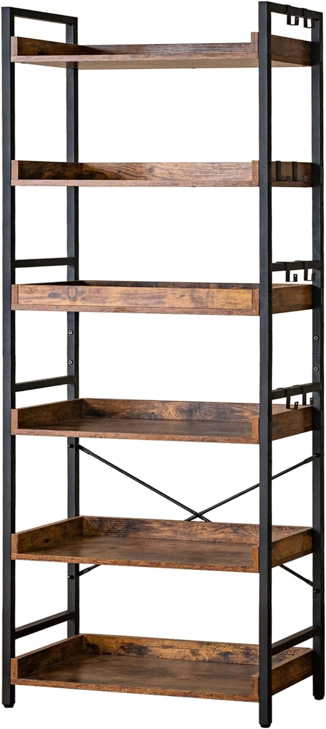 HCHQHS Adjustable 6 Tier Open Bookcase, Rustic Far...