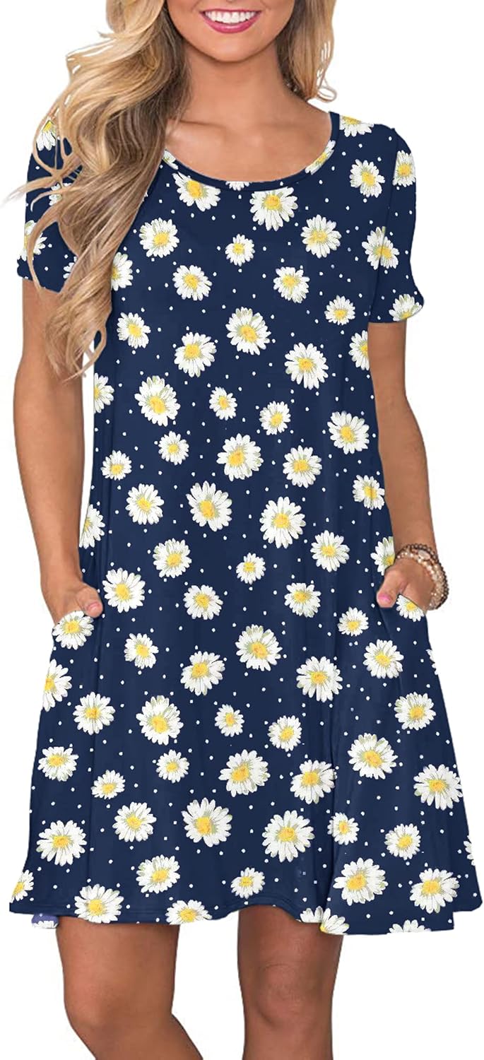 WNEEDU Women's Summer Casual T Shirt Dresses Short Sleeve Swing Dress with Pocke...