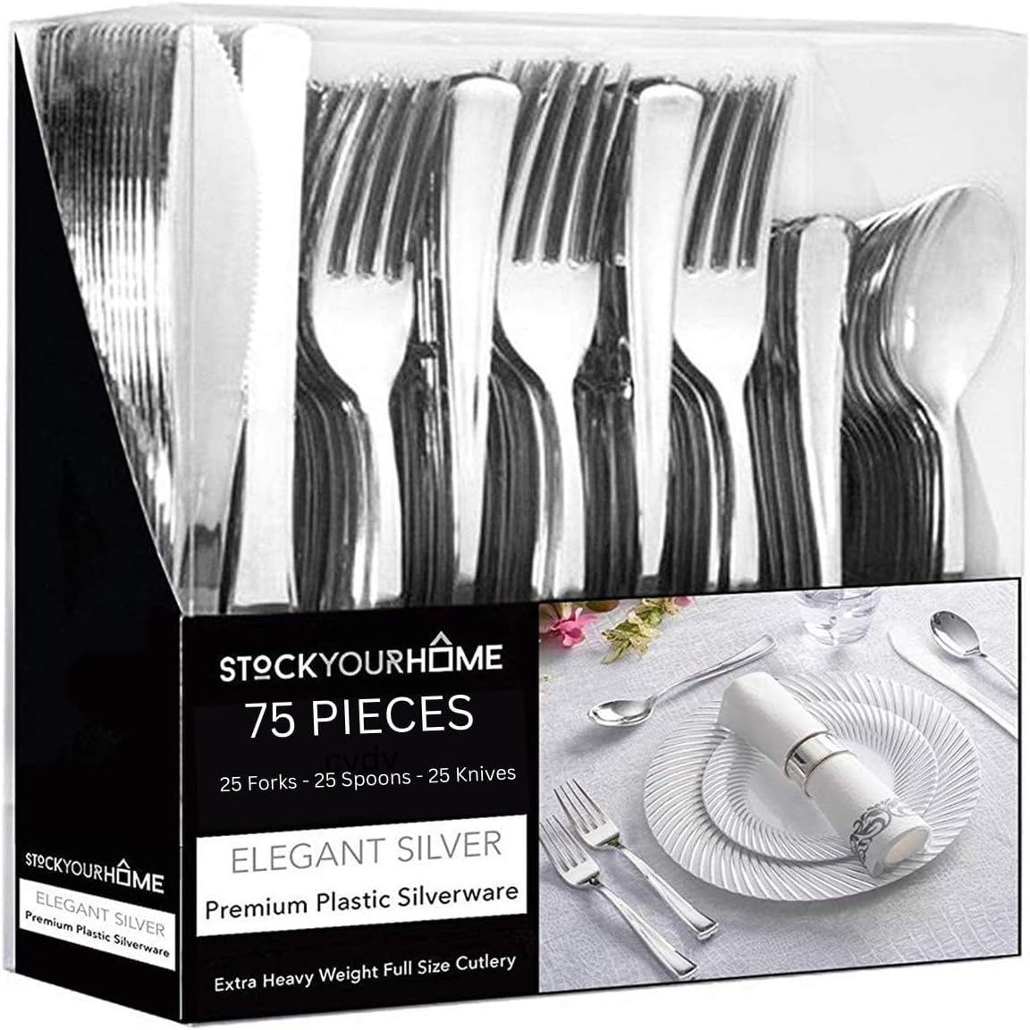75 Pieces Heavy Duty (Silver) Plastic Silverware S...