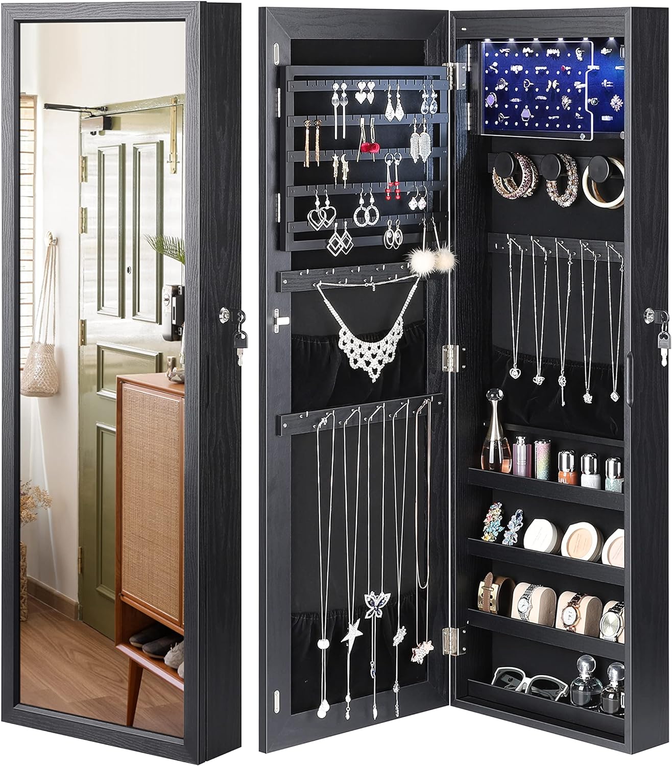Nicetree 6 LEDs Mirror with Jewelry Storage,【Upgraded 3 Improvements】 Over Doo...