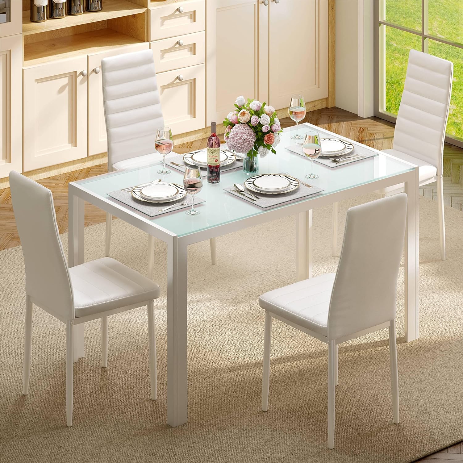 Gizoon 5 Piece Glass Dining Table Set, Kitchen and Chairs for 4, PU Leather Mode...