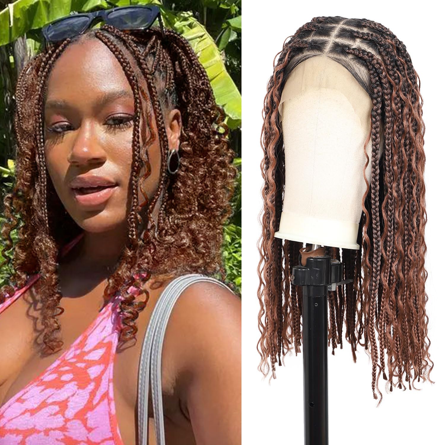 Top-Quality 18" Boho Box Braided Wig, Special Knotless Box Braid Wig with Curls,...