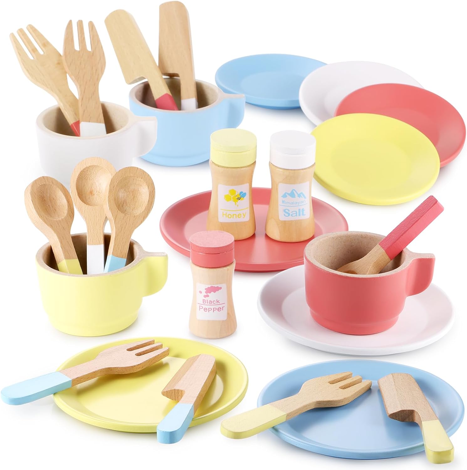 GAGAKU Wooden Toy Kitchen Dish Set [2024 upgrade] Toddler Plates and Cutlery Set...