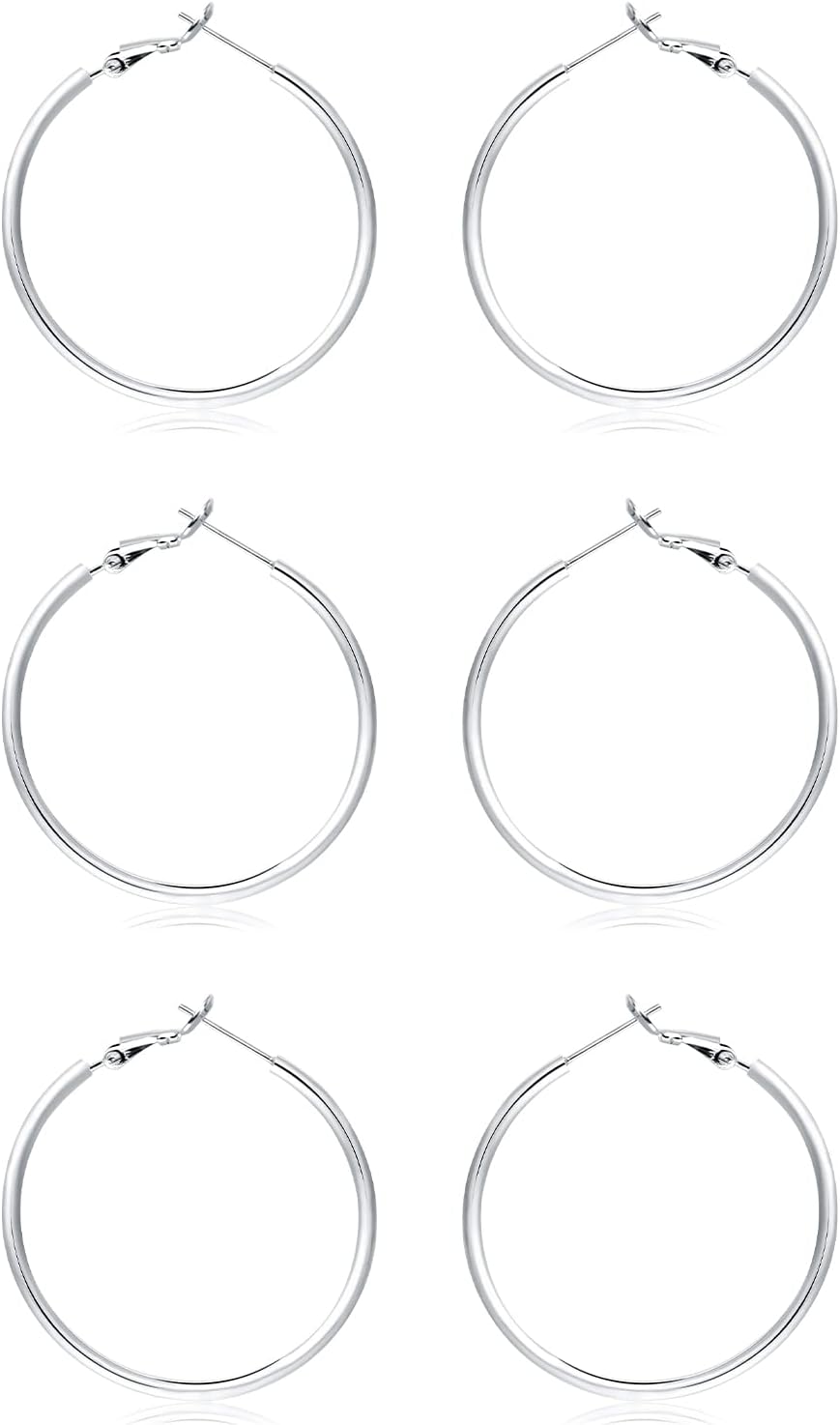 3 Pairs Sterling Silver Hoop Earrings - 14k White Gold Plated Hoop Earrings Big...