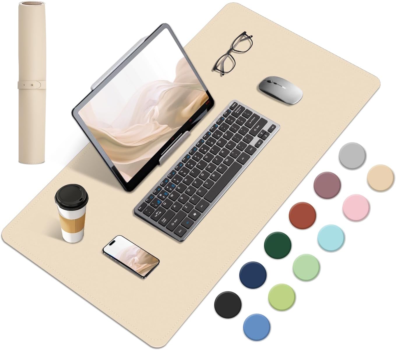 BLESWIN Non-Slip Desk Mat, Natural Cork & Leather Desk Pad, Waterproof Large Mou...