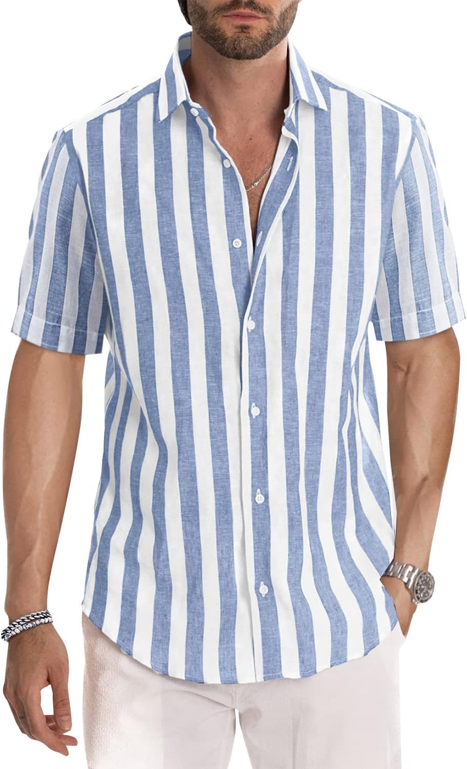JMIERR Men's Casual Wear, Stylish Short Sleeve Button-Up Shirt, Special Striped...