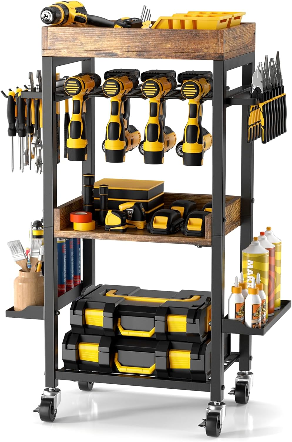 Power Tool Cart, Heavy Duty Garage Shelving with Wheels, Movable Tool Box Cart C...