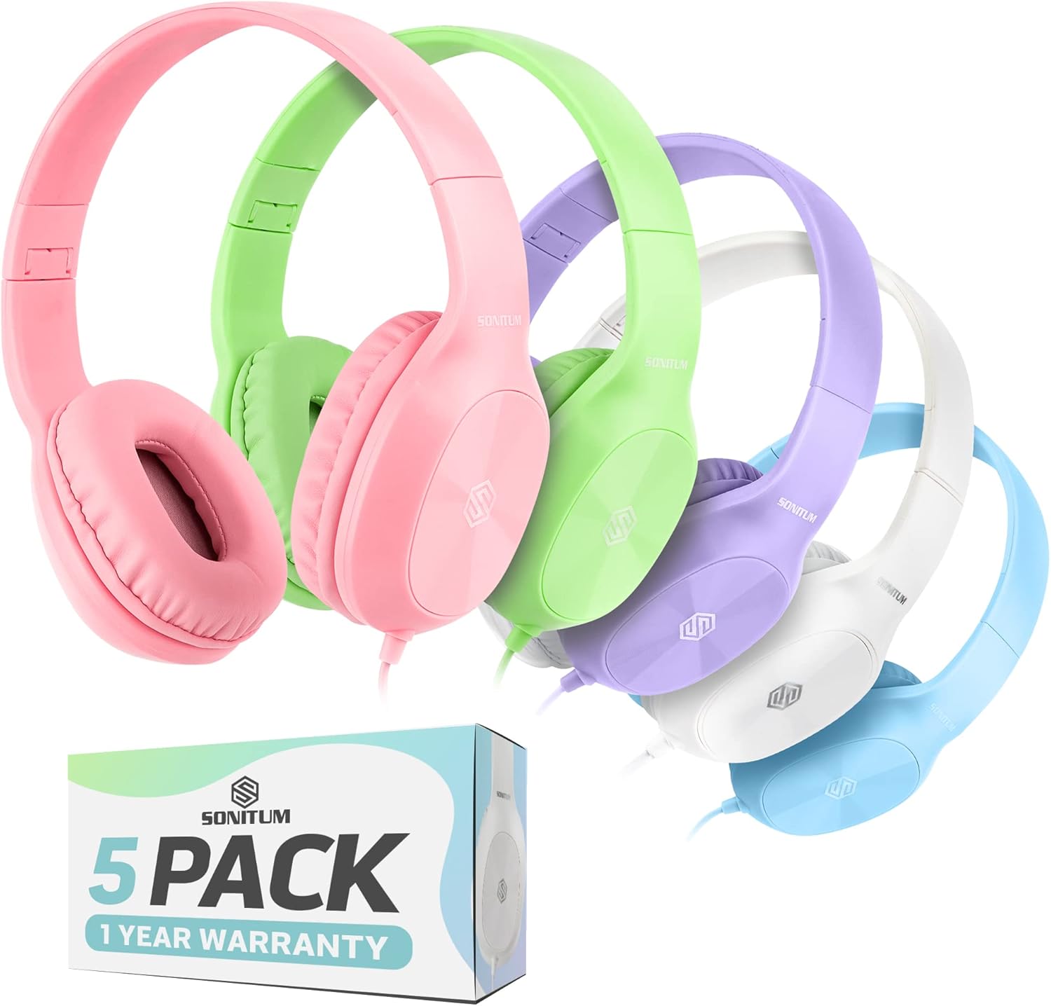 Sonitum Kids Headphones for School Bulk Set 5-Pack On-Ear, 3.5mm, Wired Headphon...