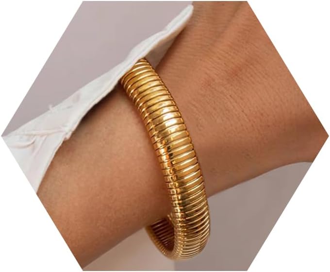 Gold Bangles for Women Chunky Stretch Bangles Bracelets Set 18K Gold Plated Stai...