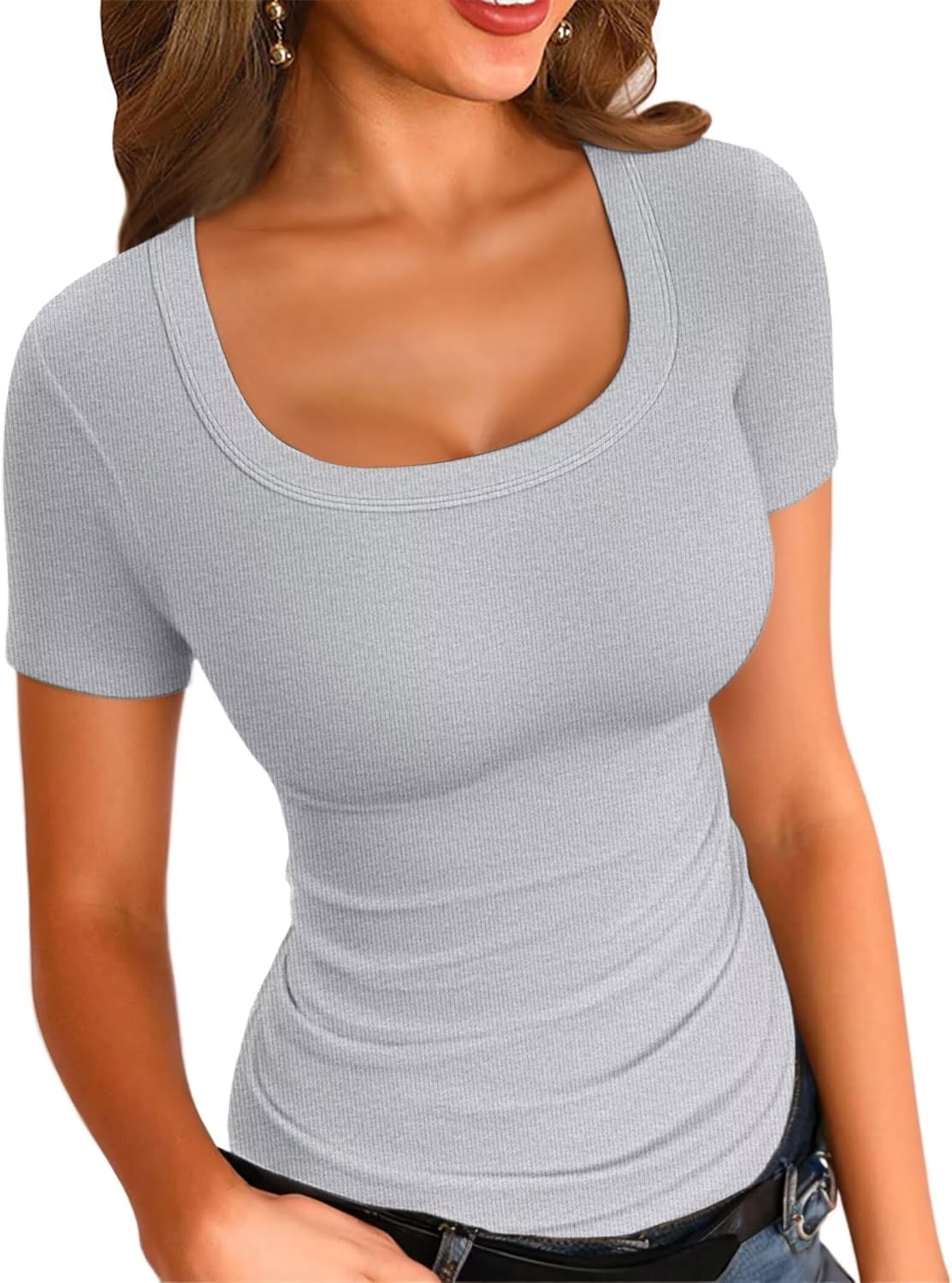VICHYIE Womens Summer Short Sleeve Tops Square Neck Ribbed Slim Fitted Shirts Ca...