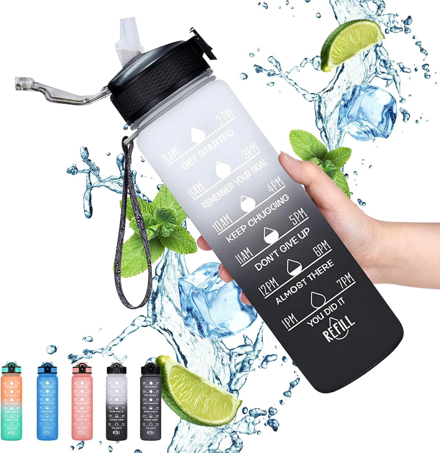 Gaiayhc Sports Water Bottle, Motivational Water Bottle with Time Marker and Stra...