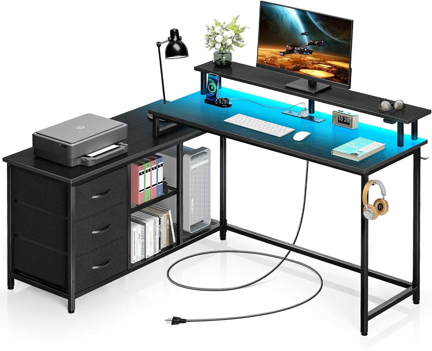 Seventable L Shaped Computer Desk with Drawers, Reversible Gaming Desk with LED...