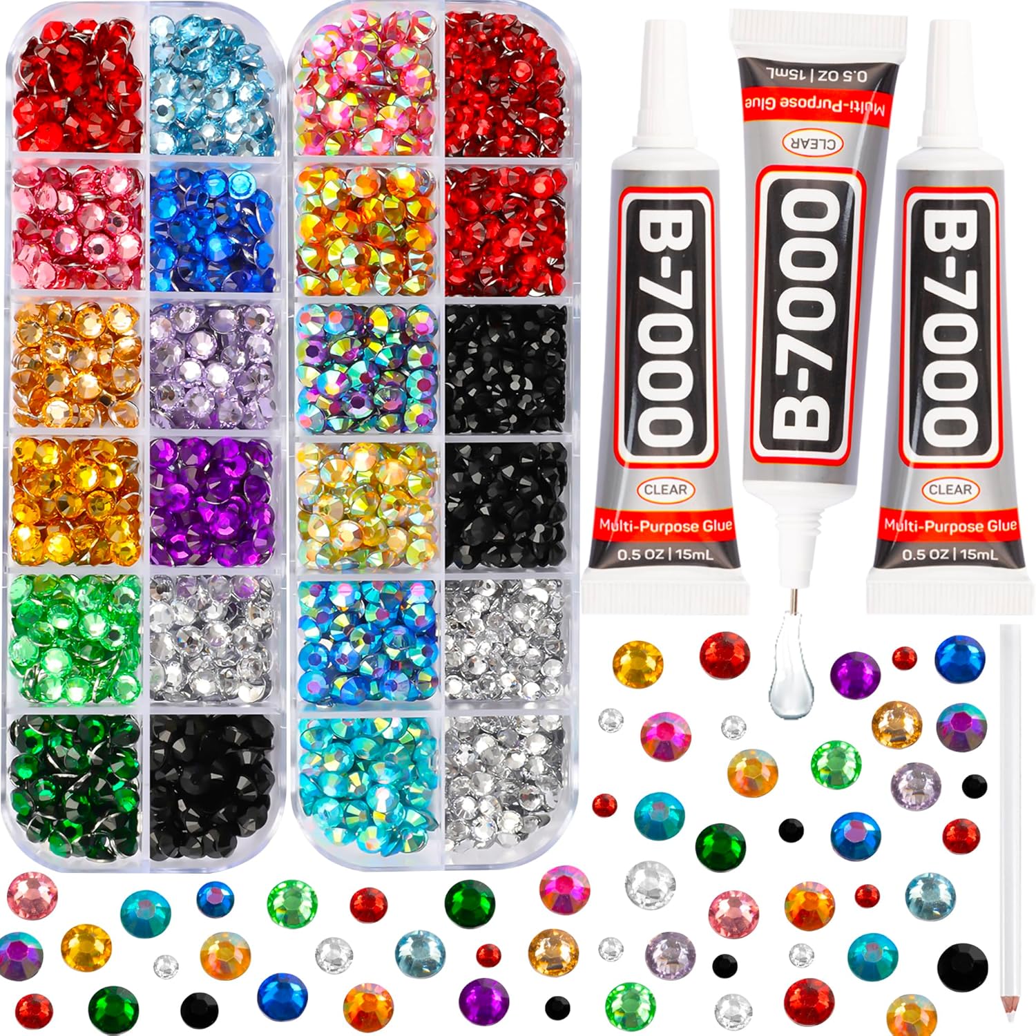 b7000 Glue with 11000Pcs Multicolored Rhinestones Flatback for Crafts Clothing C...