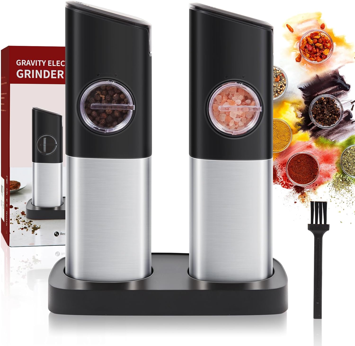 HEMOBAKY Electric Salt and Pepper Grinder Set with Recharging Base, Gravity Pepp...