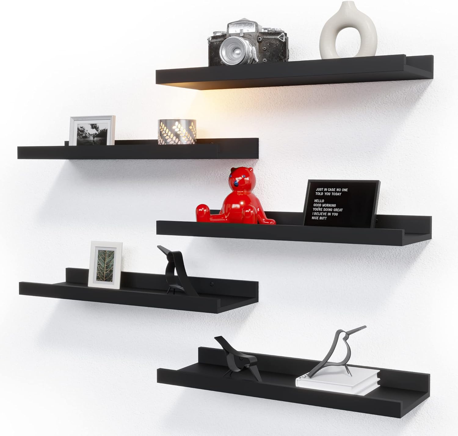 RICHER HOUSE 5 Set Floating Wall Mounted Shelves, Black Shelves for Wall Decor,...