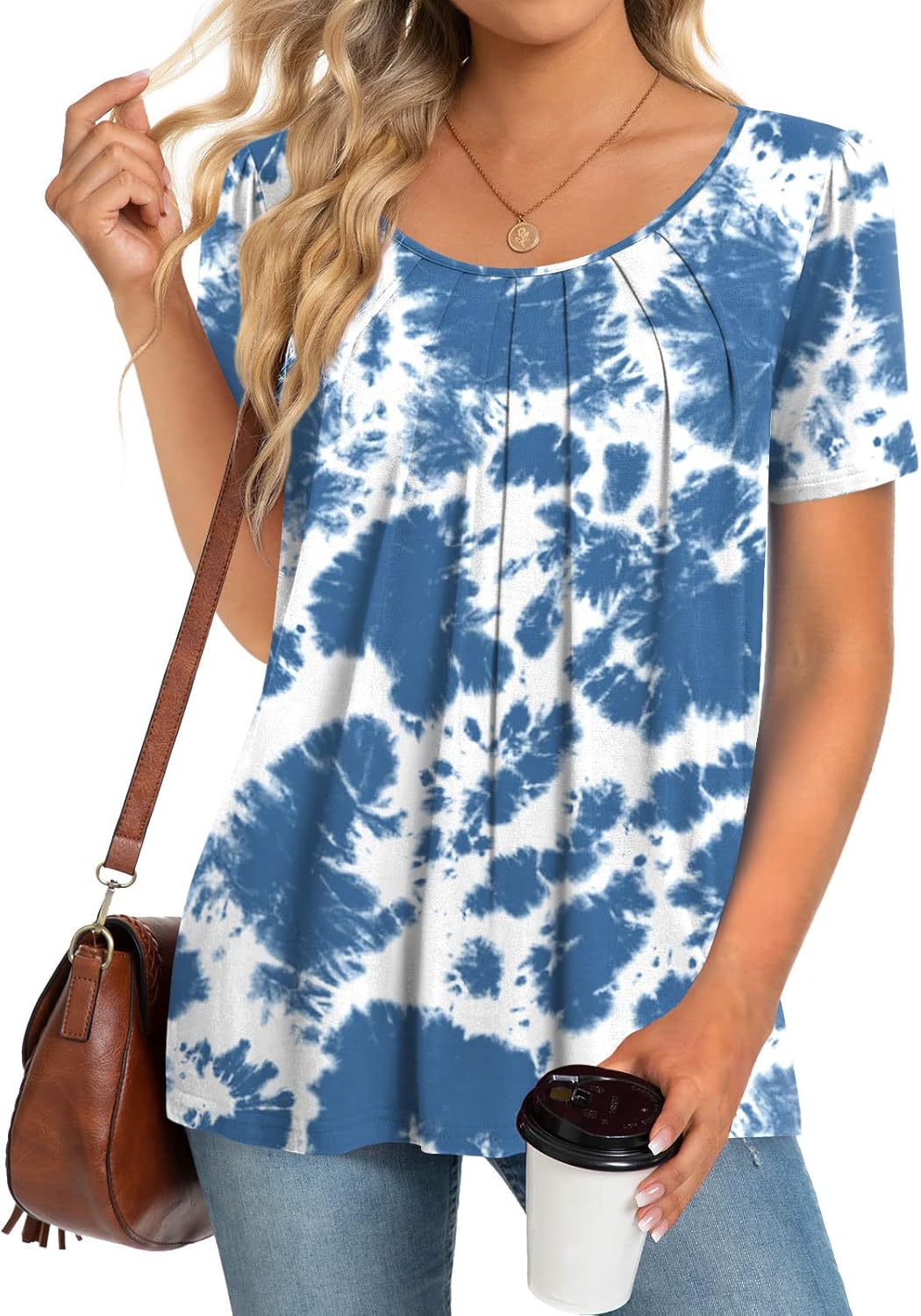 Anymeet 2024 Women's Summer Tunic Top Short Sleeve Casual Tshirts Pleated Loose...