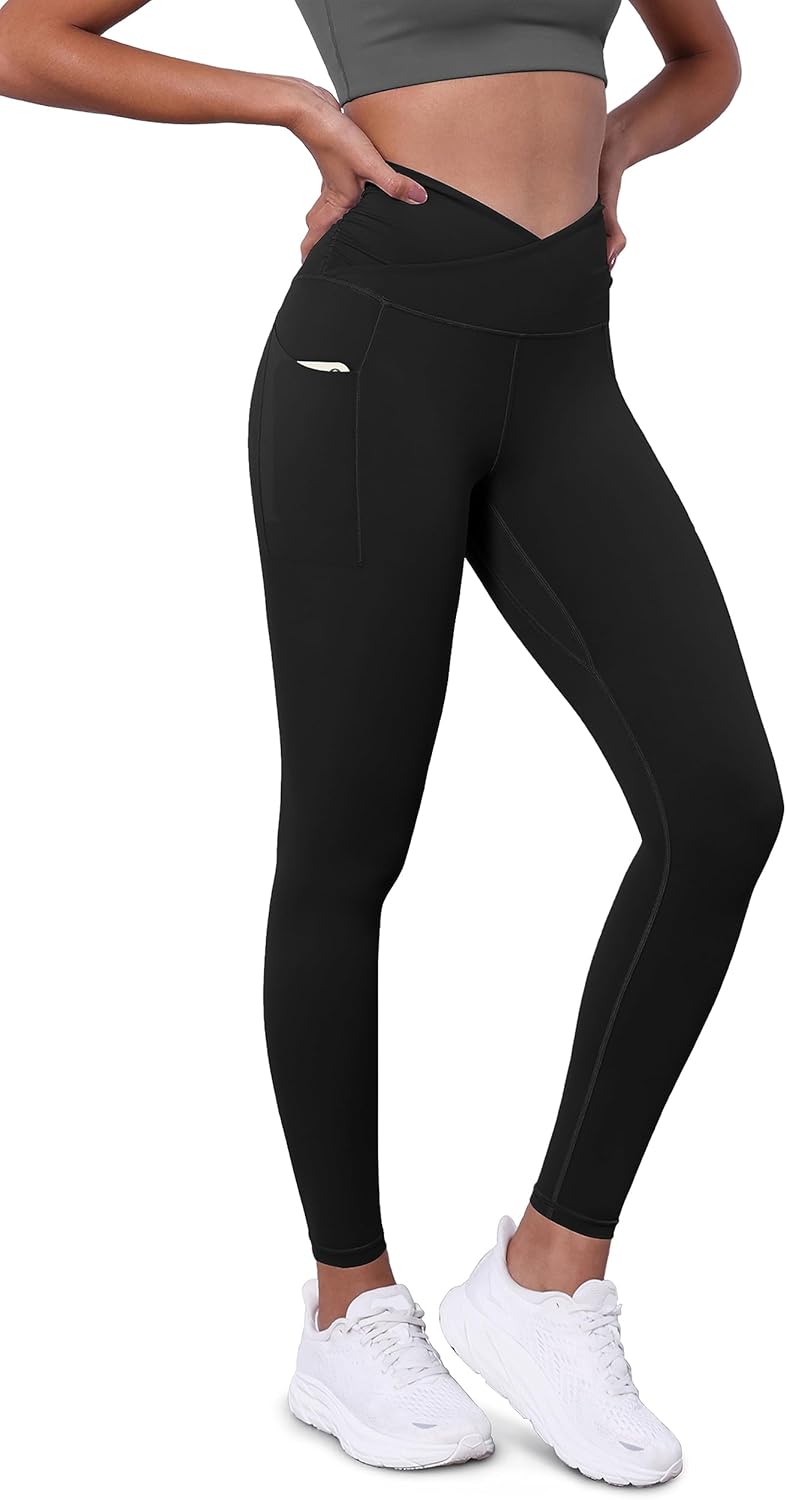 ODODOS Women's Gathered Cross Waist Yoga Leggings with Pockets, 25" / 28" Crosso...