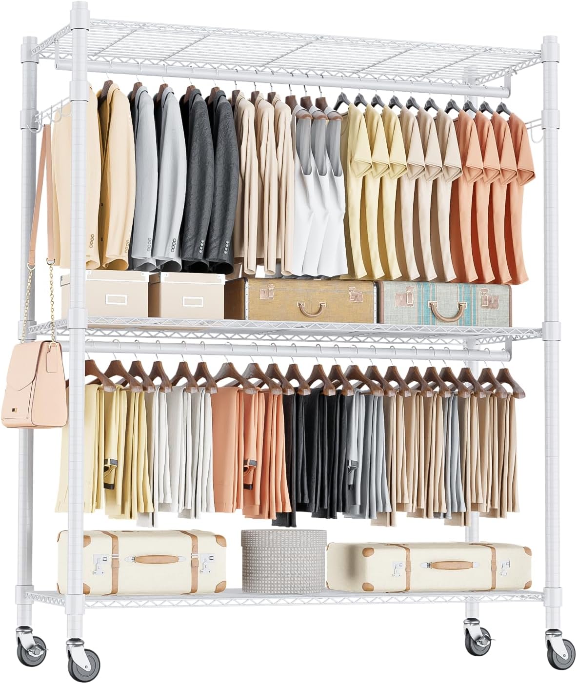 Homdox 3 Tier Garment Rack with Wheels, Portable Closets for Hanging Clothes Hea...