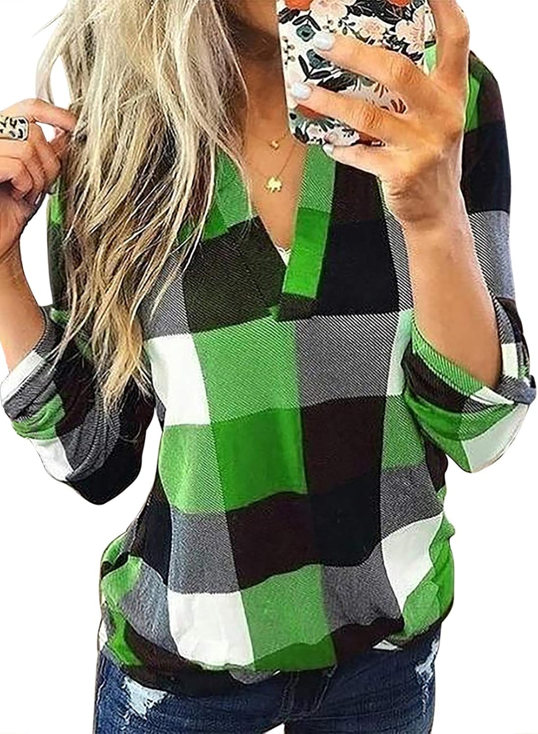 Dokotoo Casual Shirts, Special Women's Basic V Neck Shirts, Unique Plaid Print C...