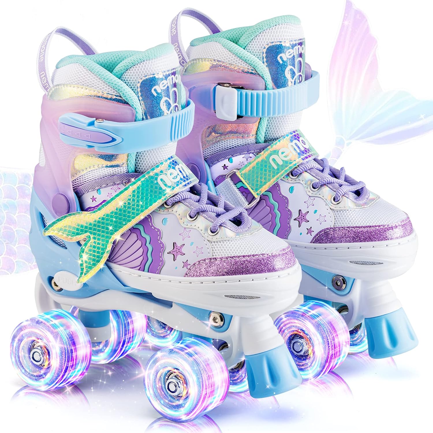 NEMONE Mermaid 4 Size Adjustable Roller Skates, Special Roller Skates with 8 Lig...
