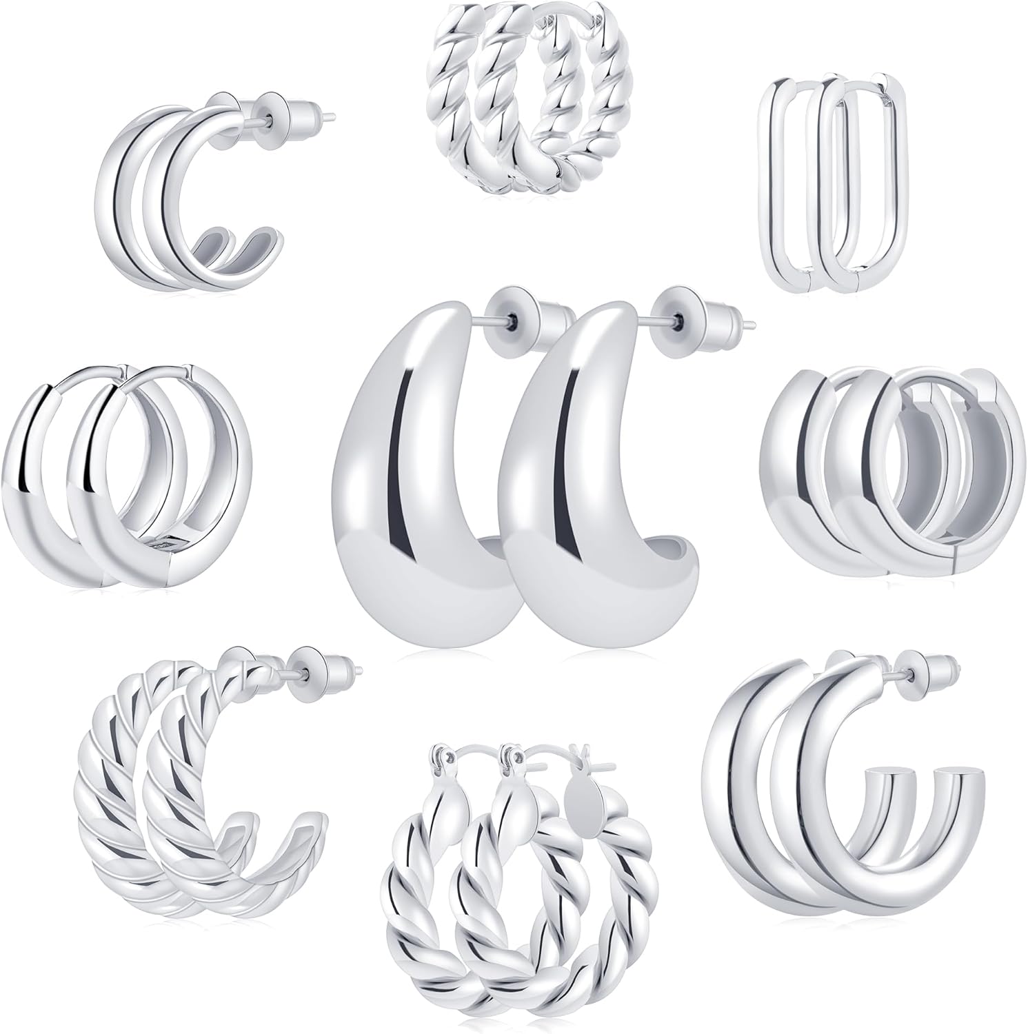 9 Pairs Gold/Sterling Silver/Rose Gold Plated Hoop Earrings Set for Women Trendy...