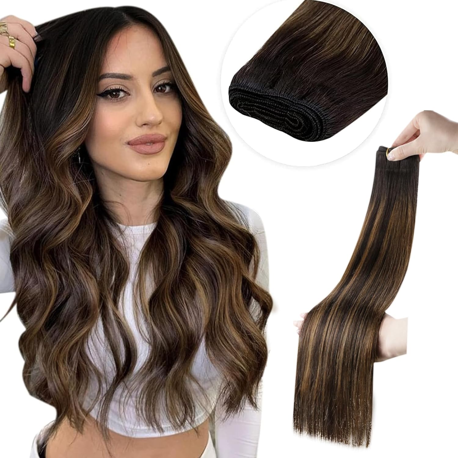 LaaVoo Weft Hair Extensions, High-Quality Human Hair Extensions Sew in Ombre, Un...