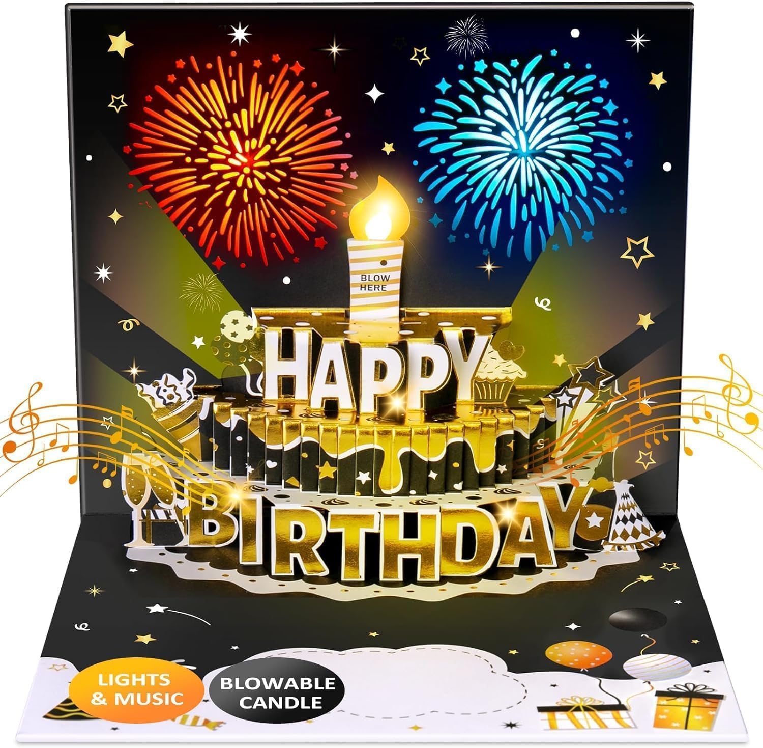 INPHER DIY Age Birthday Cards Fireworks Pop Up Cake Light and Music Black and Go...