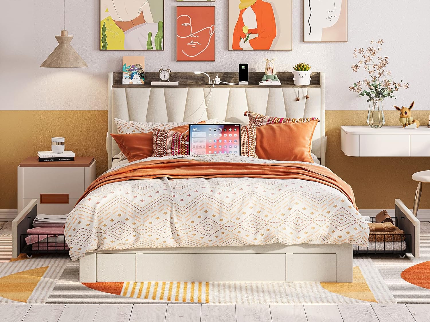 ANCTOR Full Size Bed Frame with 3 Drawers, Upholstered Platform Bed with Storage...