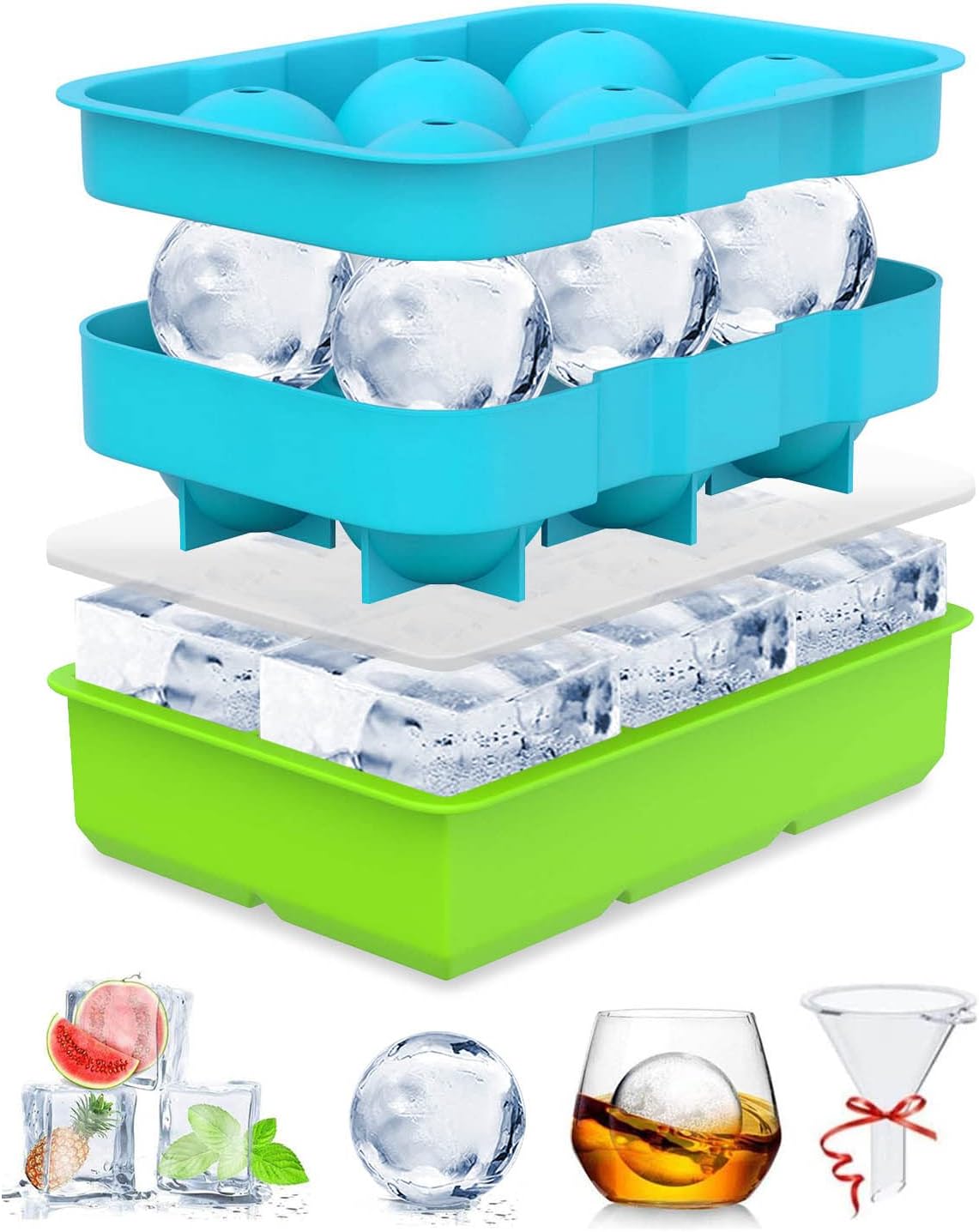 Trongle 2 Pack Silicone Ice Cube Trays with Lid, Easy Release Green 1.7 Inch Ice...