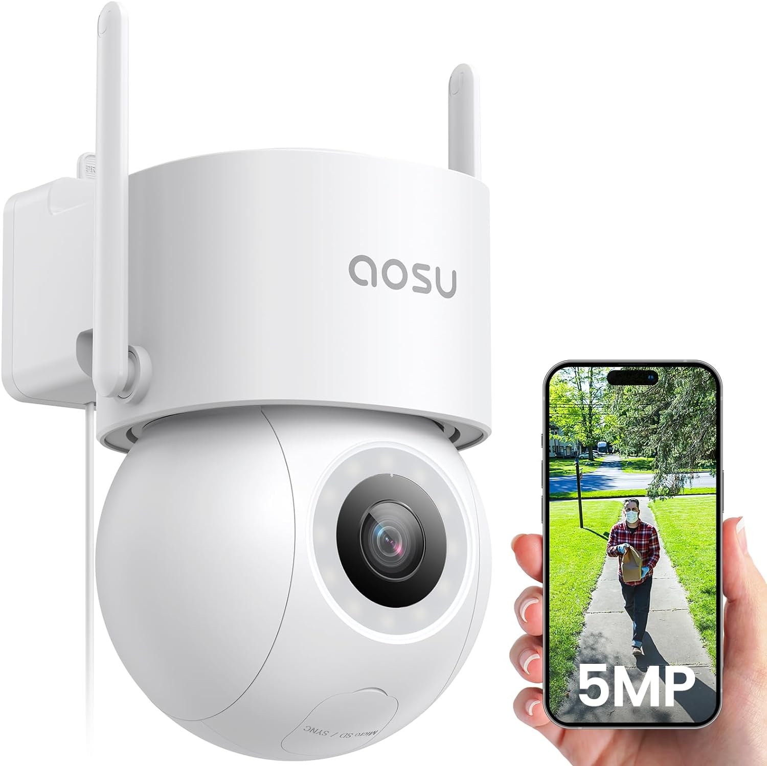 AOSU 3K 5MP Security Camera Outdoor Wifi Wired with 400Lm Spotlight Full Color N...
