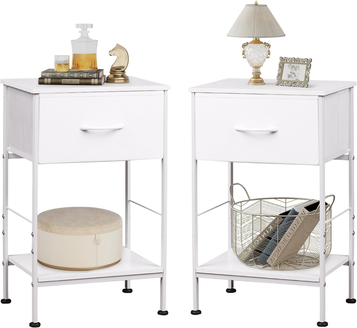 WLIVE Night Stand Set, Special White Nightstand with Fabric Storage Drawer, Inno...