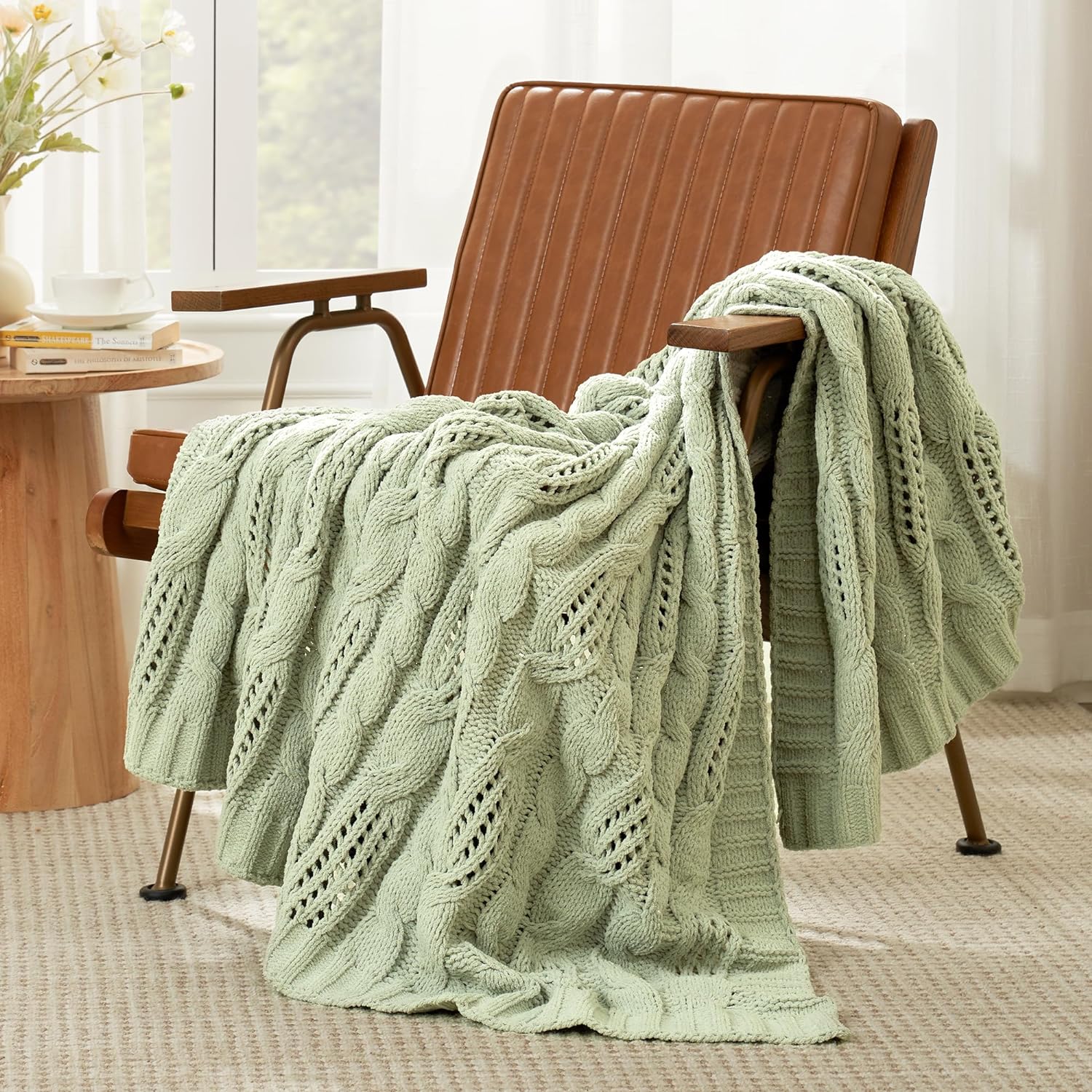 Amélie Home Cable Knitted Throw Blanket, Special Chenille Chunky Knit Throw Blan...