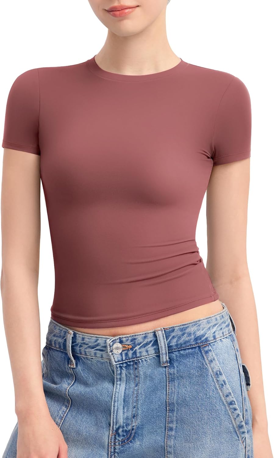 PUMIEY Women's Crew Neck Short Sleeve Tops, Special Double Lined Slim Fit T Shir...
