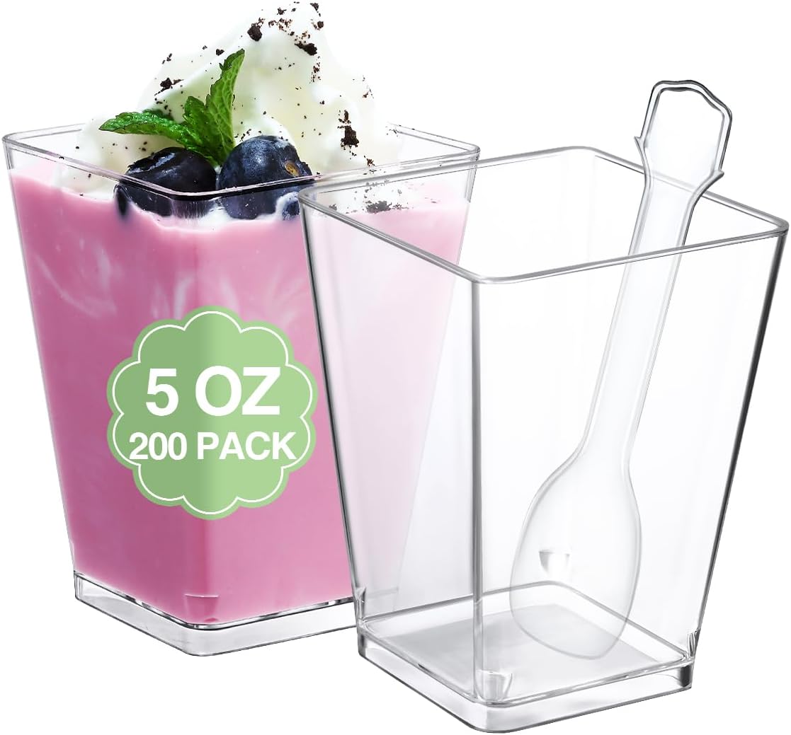 SHOPDAY 5 Oz-Plastic-Dessert-Cups: 200 Pack Square-Clear-Cups-with-Spoons, Parfa...