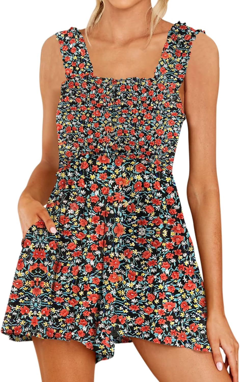 DEEP SELF Women Summer Sleeveless Romper Square Collar Ruffle Straps Flowy Short...