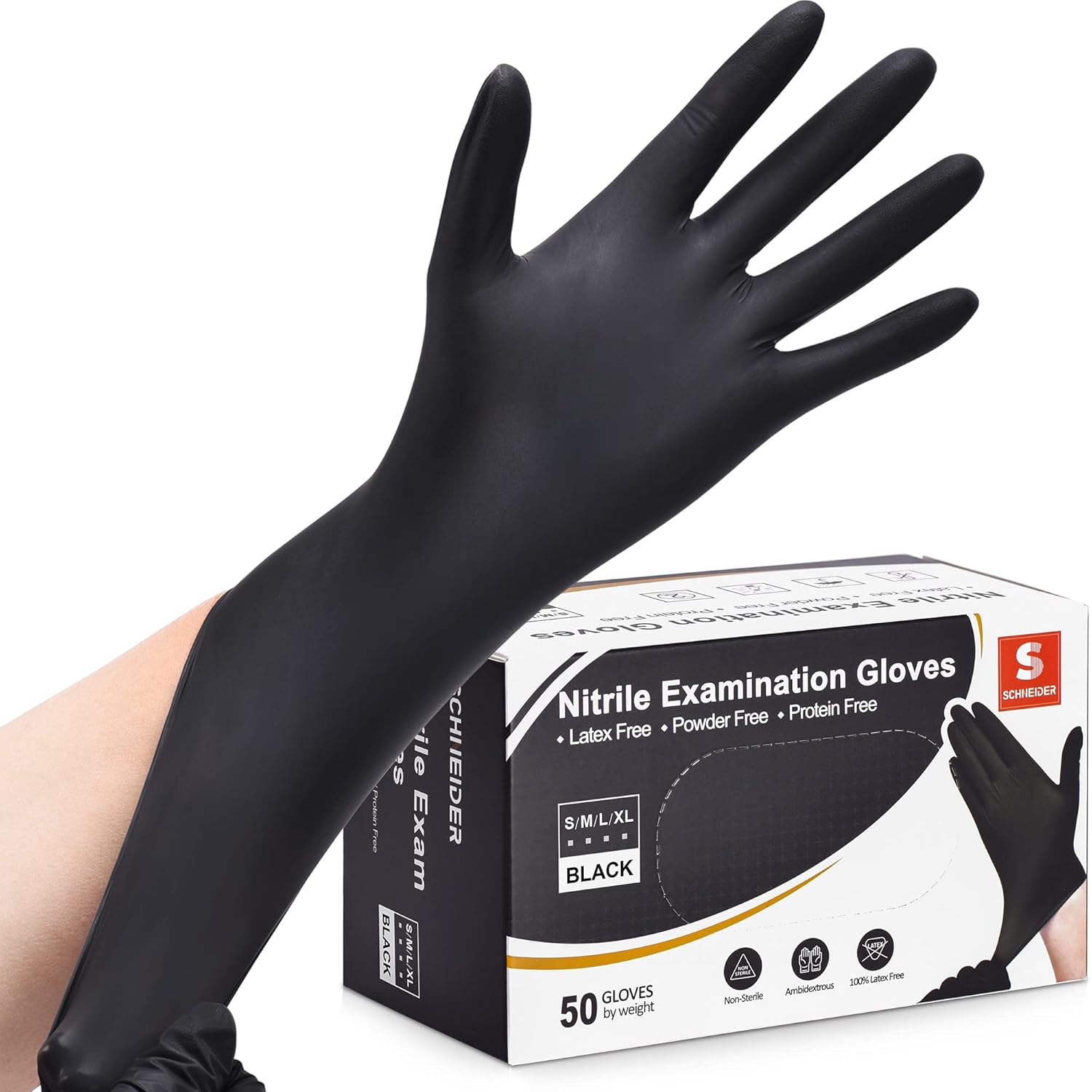 Schneider Nitrile Exam Gloves, Black, XL, 50-ct Box, 4-mil, Latex-Free, Powder-F...