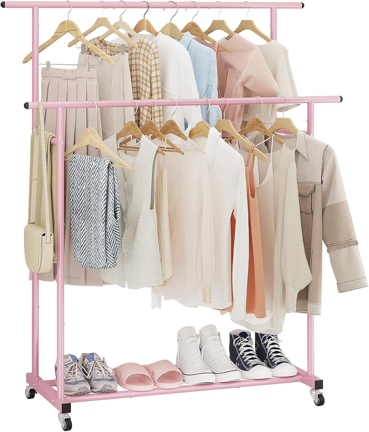 Calmootey Double Rod Clothing Garment Rack,Rolling Hanging Clothes Rack,Portable...