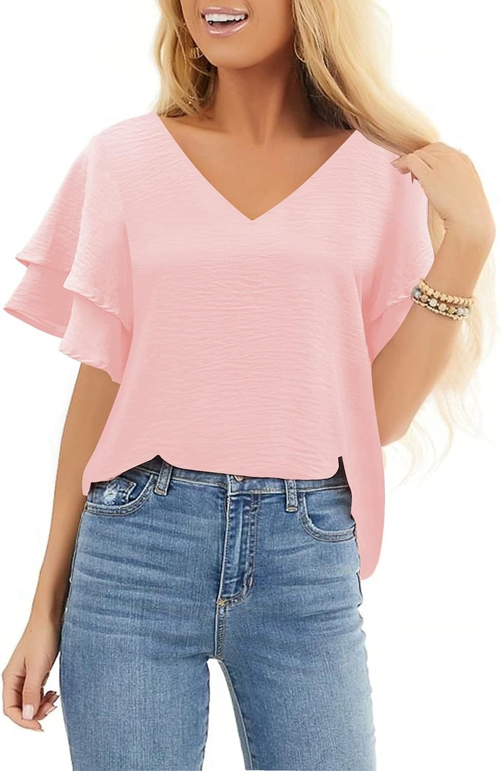 luvamia Women's Casual Tops, Special 3/4 Tiered Bell Sleeve Crewneck Shirt, Inno...